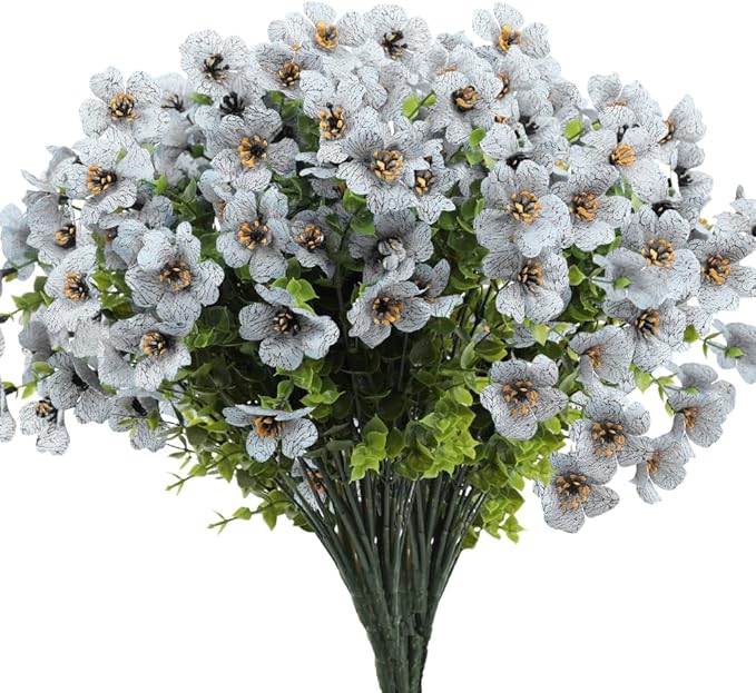 12 Bundles UV Resistant Artificial Outdoor Flowers Fake Silk Flowers Faux Plastic Plants Garden Porch Window Box Table Vase Home Decoration White