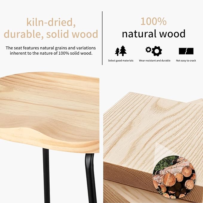 HeuGah Bar Stools, Solid Wood Barstools Set of 2, 26" Counter Height Bar Stools with Metal Leg,Rustic Backless Bar Stool for Kitchen Island,Bar Chairs with Solid Wood Saddle Seat (Burlywood, 26 Inch)