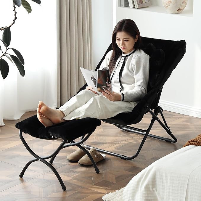 Welnow Comfy Saucer Chair with Ottoman, Oversized Folding Reading Chair for Adults with Throw Pillow Soft Faux Fur Lounge Chair for Bedroom Furry Accent Chair for Living Room, Dorm Rooms, Black