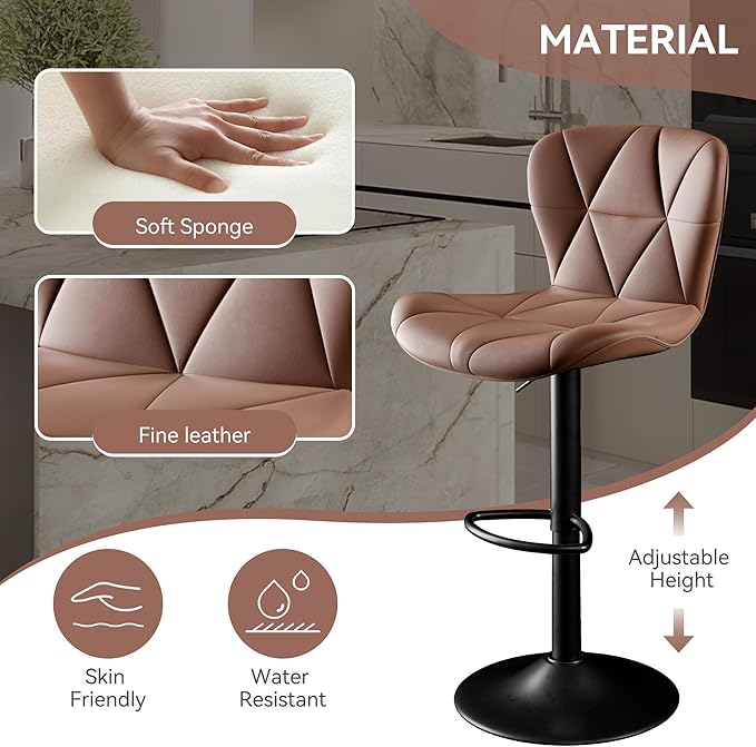 Bar Stools Set of 6,Adjustable Swivel Barstools, Faux Leather Bar Chairs,Upholstered Counter Height with High Backrest for Kitchen Island, Brown