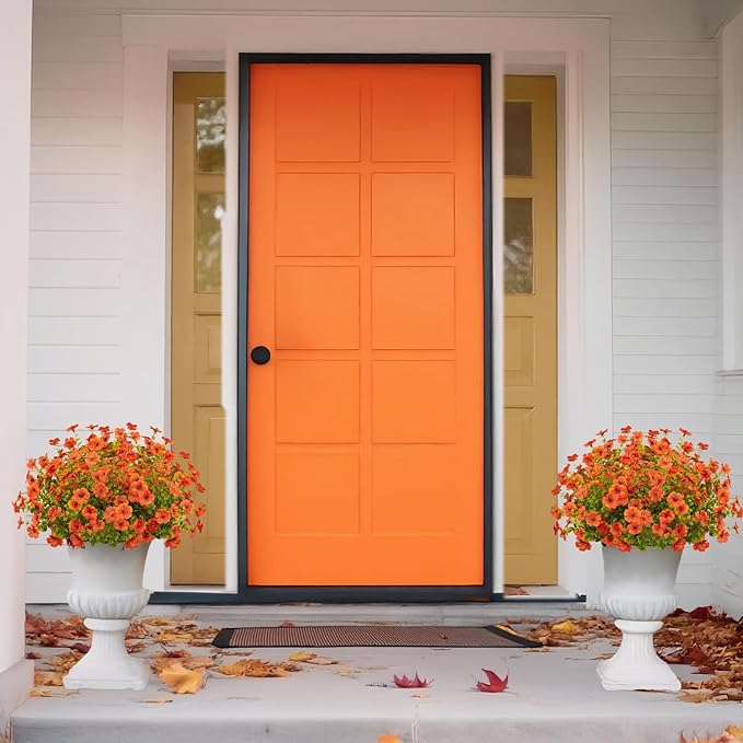 16 Bundles Artificial Flowers Outdoor Spring Summer Decoration Fake Silk Colorful Daisy Eucalyptus Realistic UV Resistant Outside Faux Plants for Garden Porch Window Box Home Decor (Orange)