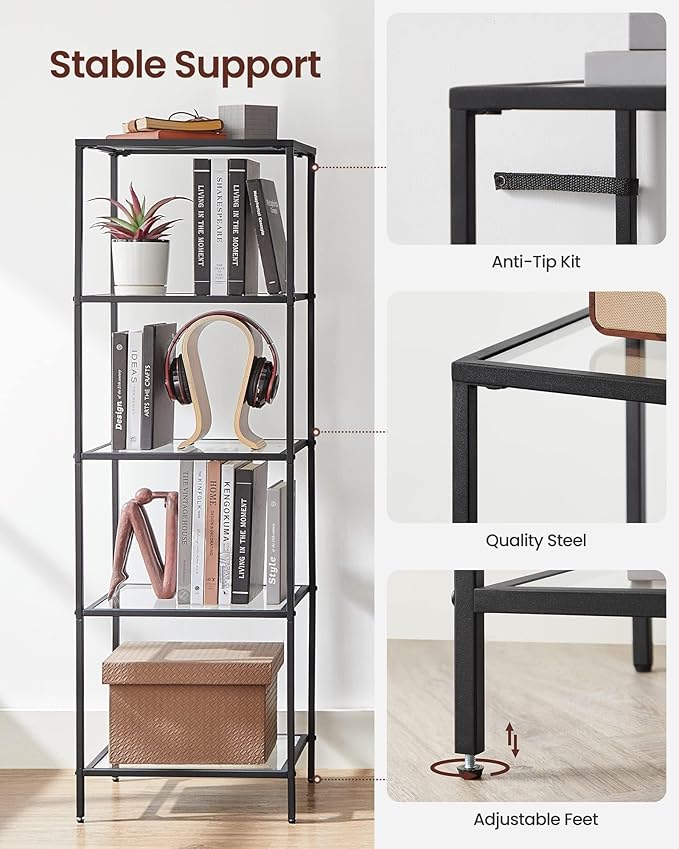 VASAGLE Bookcase, 5-Tier Bookshelf, Slim Shelving Unit for Bedroom, Bathroom, Home Office, Tempered Glass, Steel Frame, Ink Black ULGT029B61
