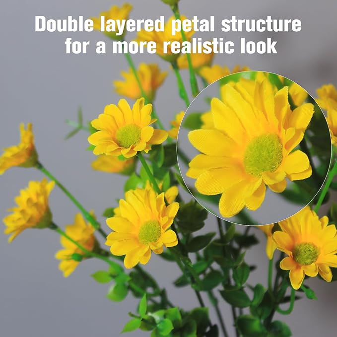 alyptus Artificial Flowers for Outdoors 16 Bundles UV Resistant Plants Yellow Faux Sile Daisy Fake Plastic Eucalyptus for Home Planters Porch Patio Yard Decor (16 Bundles NO.Y)