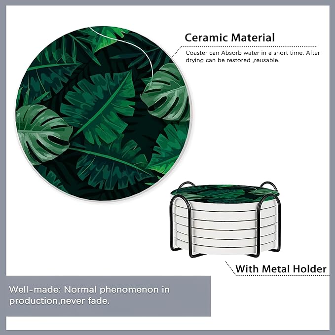 Drink Coasters Set of 6 with Holder,Tropical Palm Leaves Green Absorbent Ceramic Coasters with Cork Base,Fit All Cups,Tabletop Protection Mat for Mugs and Cups,Office,Kitchen