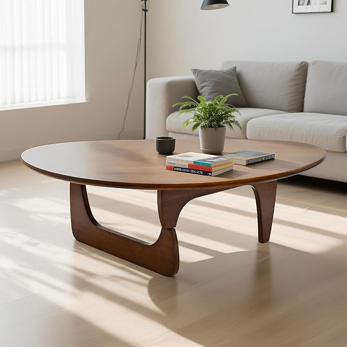 Solid Wooden Modern Triangle Coffee Table: Unique Funky Coffee Tables for Living Room, Oval Mid-Century Irregular Abstract Tea Tables for Patio Office Balcony Bedroom (Walnut, 50" L x 31" W x 16" H)