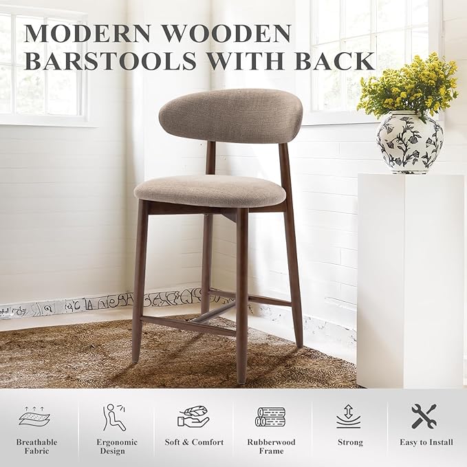 COLAMY Bar Stools Set of 3, Counter Height BarStools with Back, Mid Century Modern Upholstered, with Wood Legs for Kitchen Island Dining Room, Camel