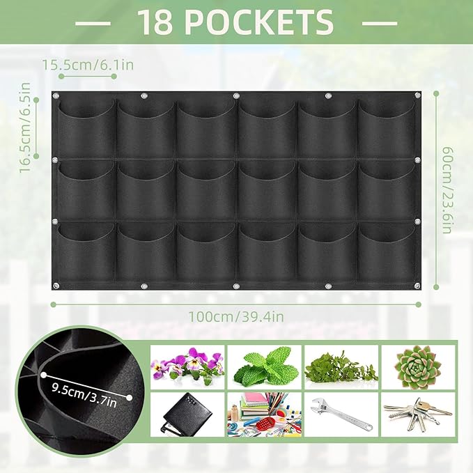 18 Pockets Hanging Grow Bags, 2 Pack Horizontal Wall Planter Plant Grow Bags Outdoor Indoor Hanging Planter for Balcony/Railing/Fence/Yard/Garden/Home Decoration, Black
