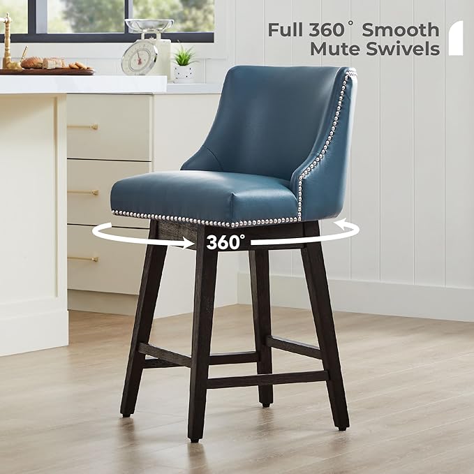CHITA Counter Height Swivel Bar Stools Set of 2, FSC Certified Upholstered Counter Stools, Modern Swivel Barstools with Wood Legs for Kitchen Island, 26" Seat Height, Faux Leather in Blue