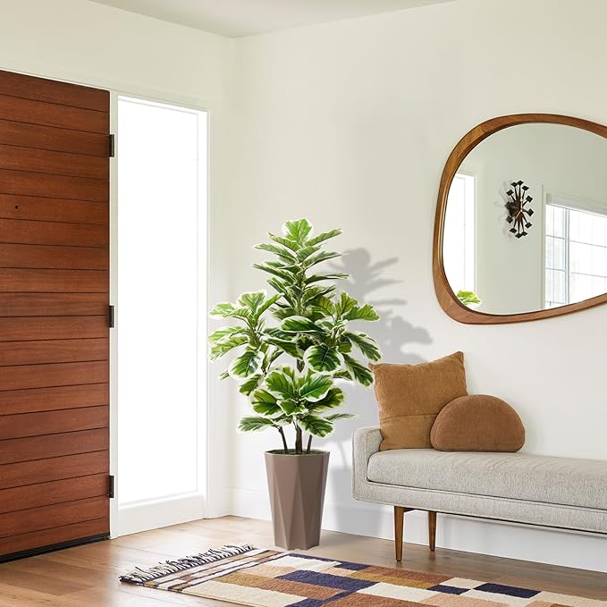 Artificial Fiddle Leaf Fig Plant Indoor 5FT Faux Rubber Tree with Mocha Diamond Planter Tall Fake Floor Plant Potted Artificial Trees for Home Office Living Room Decor Indoor