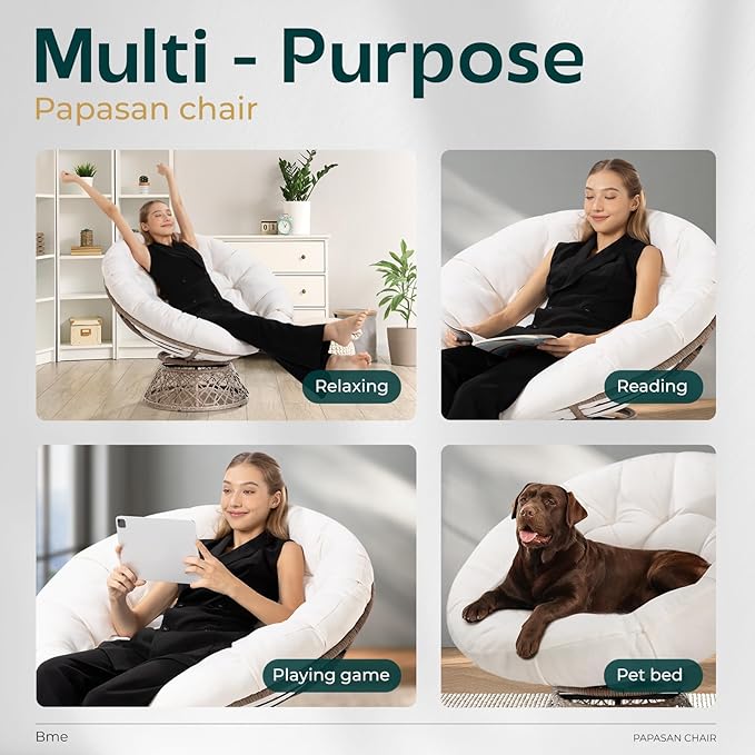 Bme 40" Ergonomic Wicker Papasan Chair with Soft Thick Cushion & Frame, 360° Swivel, Circle, Reading, Comfy Chair for Living Room, Bedroom