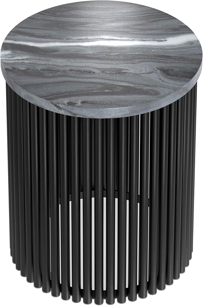 SIMPLIHOME Demy 18-inch Wide Metal Accent Table in Black Marble/Black Metal, Round Side Table with Slatted Base for Living Room, Bedroom, or Entryway, Industrial Style, Assembled