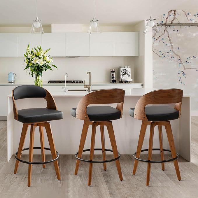 Barstools Set of 3,Counter Height Bar Stools for Kitchen Island,26.8 Inch Modern Upholstered Bar Chair, Swivel Counter Stools with Wood Back and Bamboo Legs (Black-PU)