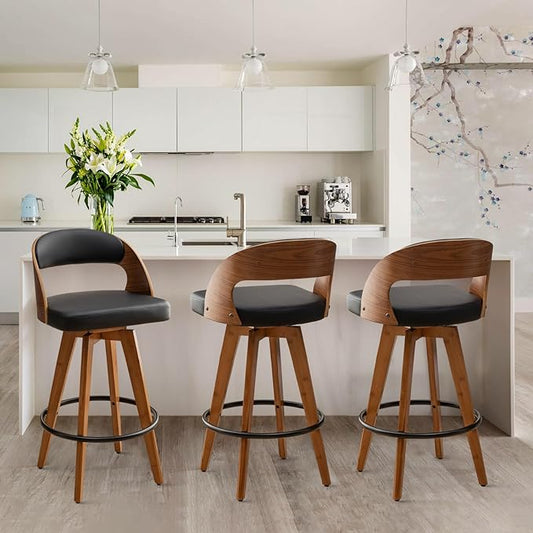 Barstools Set of 3,Counter Height Bar Stools for Kitchen Island,26.8 Inch Modern Upholstered Bar Chair, Swivel Counter Stools with Wood Back and Bamboo Legs (Black-PU)