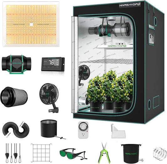 MARS HYDRO 4x4 Grow Tent Kit with Temperature Humidity Controller,300W TSW2000 LED Dimmable Grow Light,48"x48"x80" 1680D High Reflective Mylar,6 inch Customized Ventilation System,10 Speed Clip Fan