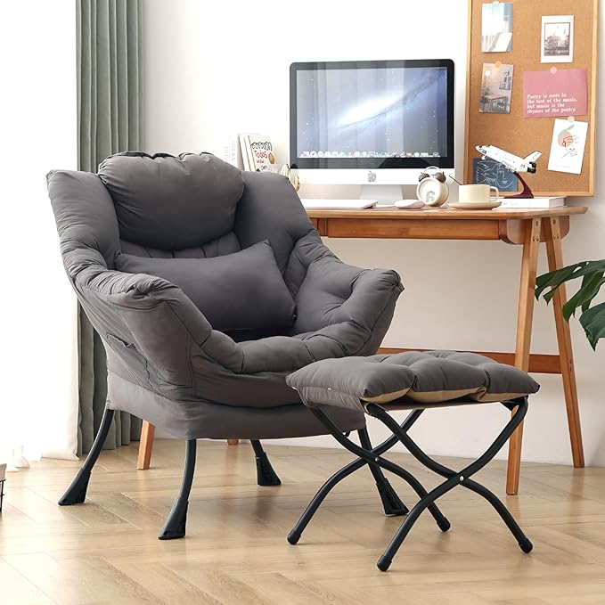 Lazy Chair with Ottoman, Modern Accent Chair with Lumbar Pillow, Comfy Chairs with Folding Footrest for Bedroom, Reading, Oversized Supportive Lounge Chairs(Dark Grey)