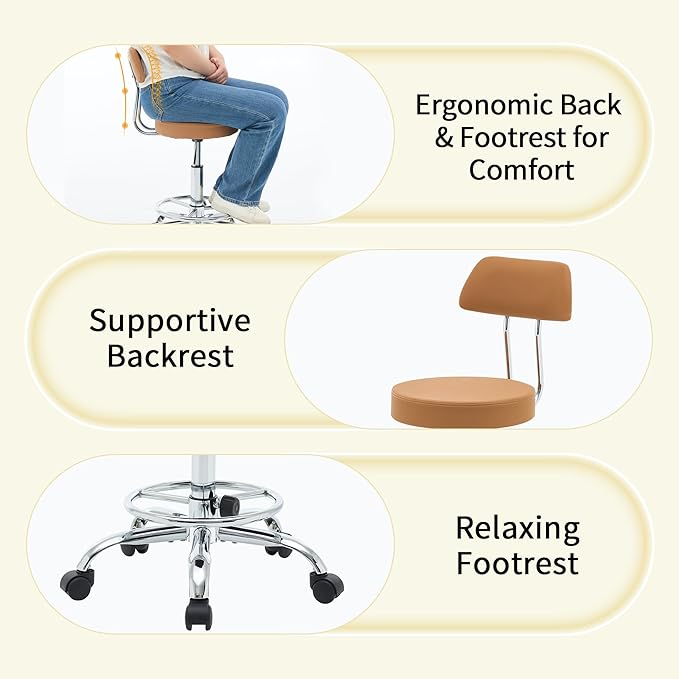 Rolling Stool with Back, Adjustable Tattoo Rolling Chair 19.5"-26.6", Camel Brown Hairstylist Stool with Wheels (Camel Brown)