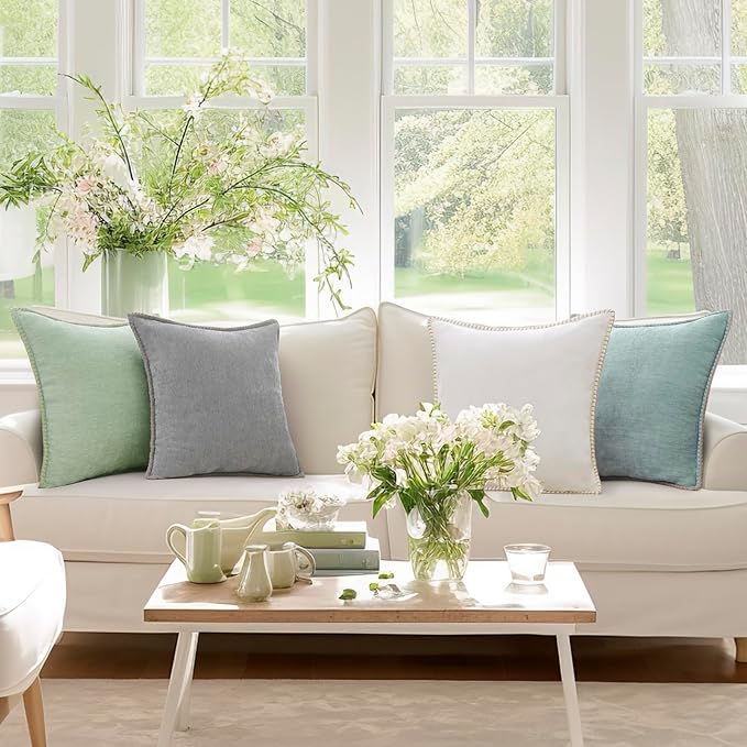 decorUhome Chenille Soft Throw Pillow Covers 12x20 Set of 2, Lumbar Velvet Farmhouse Neutral Decorative Euro Pillow Covers with Stitched Edge for Couch Sofa Bed Home Decor, Aqua Haze