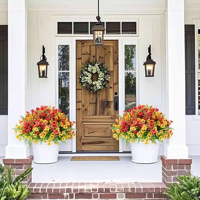 Artificial Faux Plants Flowers Outdoor Decoration,18 Bundles Fake Silk Colorful Daisy Eucalyptus Realistic UV Resistant for Outside Home Planter Porch Patio Yard Decor (Yellow Red)