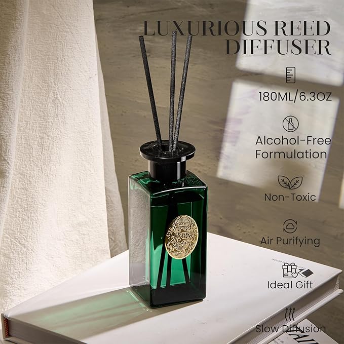 M&SENSE 6.9 oz Large Reed Diffuser Set | Evergreen Pine Scent Oil Diffuser with Sticks | Hotel Collection Non-Toxic Essential Oil |for Bedroom Bathroom Living Room