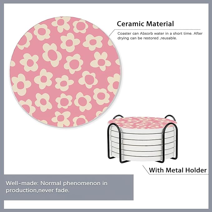 Drink Coasters Set of 6 with Holder,Vintage Flowers,Floral Pink Blue Green Purple Absorbent Ceramic Coasters with Cork Base,Fit All Cups,Tabletop Protection Mat for Mugs and Cups,Office,Kitchen