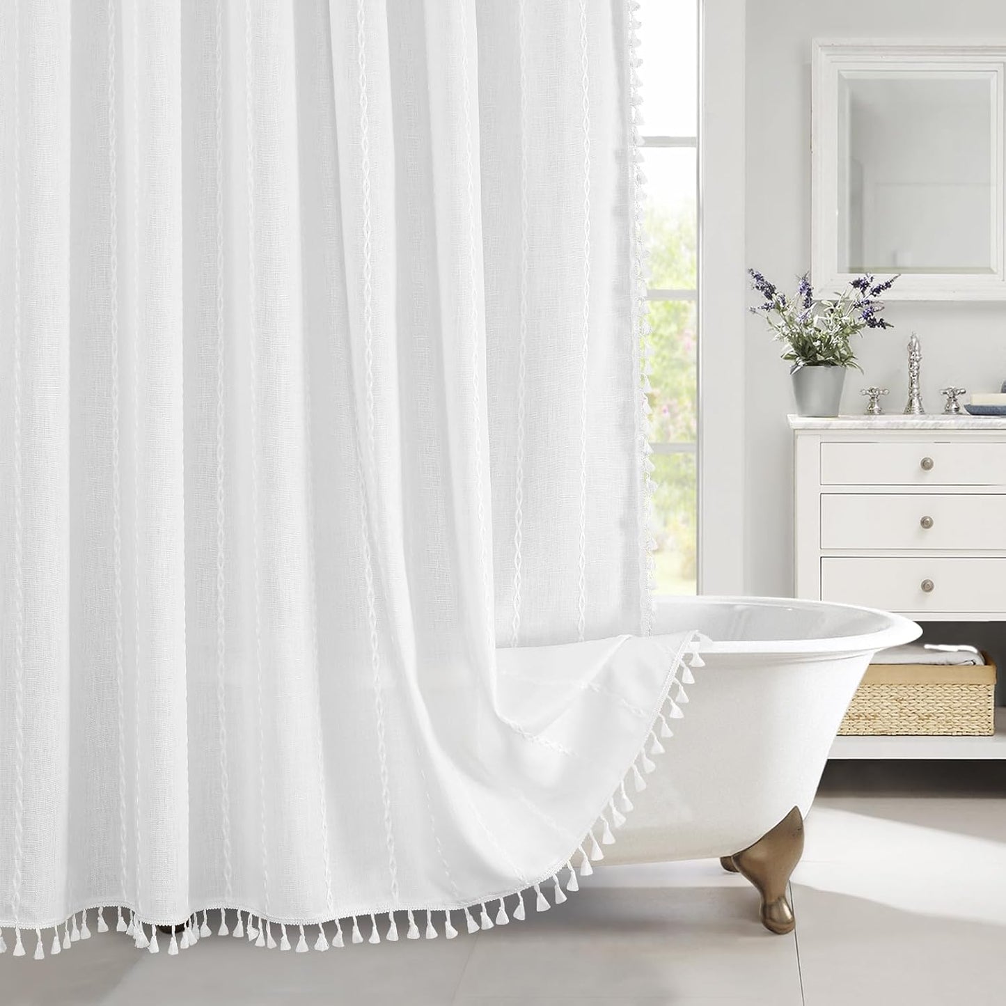 MitoVilla Boho Extra Long Shower Curtain 72 x 84, White Modern Farmhouse 84 inch XL Polyester Linen Texture Tassel Fabric Shower Curtain Set with Hooks for Cottagecore Country Bathroom Decor,White
