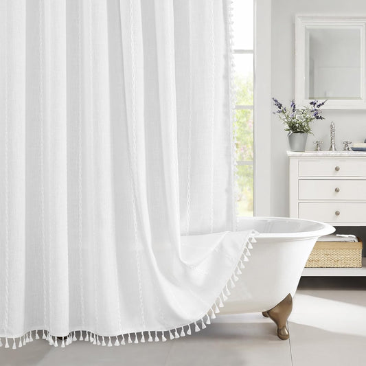 MitoVilla Boho Extra Long Shower Curtain 72 x 84, White Modern Farmhouse 84 inch XL Polyester Linen Texture Tassel Fabric Shower Curtain Set with Hooks for Cottagecore Country Bathroom Decor,White