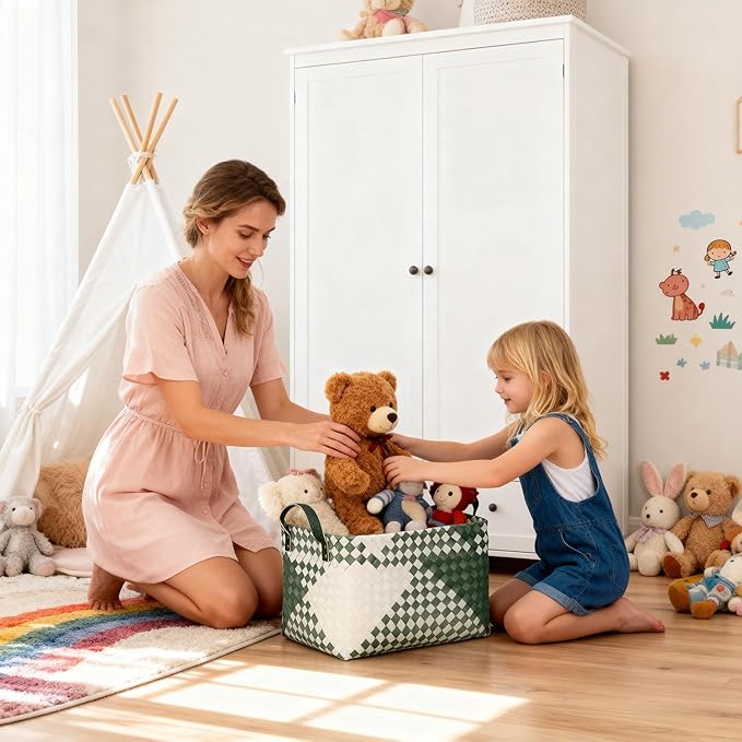 15L Laundry Baskets Waterproof Storage Baskets For Shelves Large Laundry Hamper With Leather Handle -set of 6 Cube Organizers Woven Bins for Bathroom,Bedroom,Pantry,Clothes,Car & Towels-Green