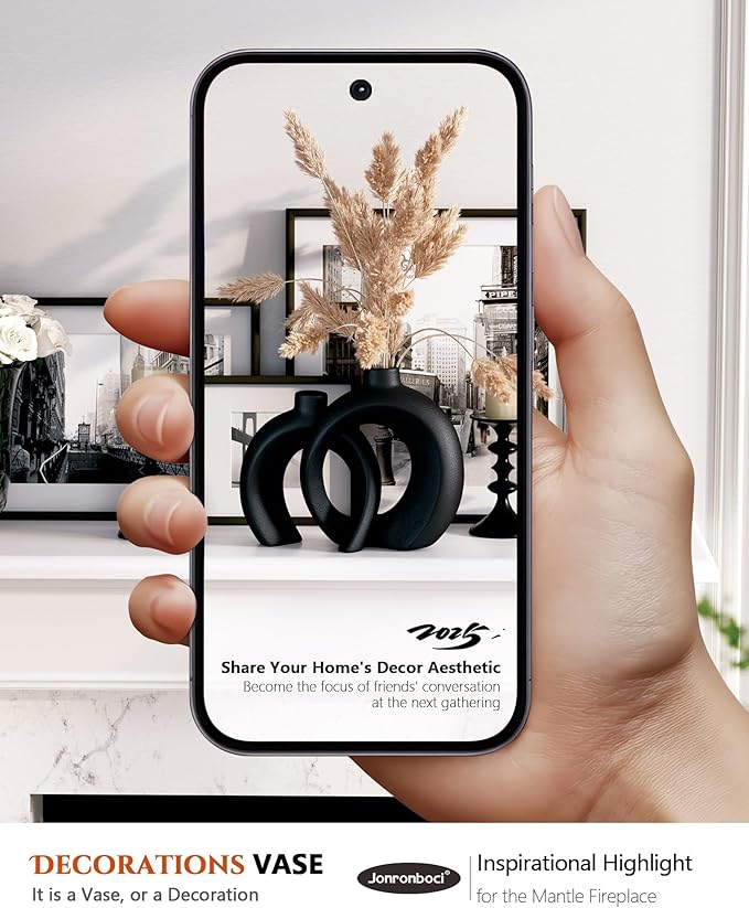 Round Donut Vase Set of 2 - Minimalist Nordic Modern Ceramic Decorative Black Vases For Home Office Book Shelf,Table Decor for Living Room,Coffee,Tv Stand Entry Console Mantle Decoration (Matte Black)