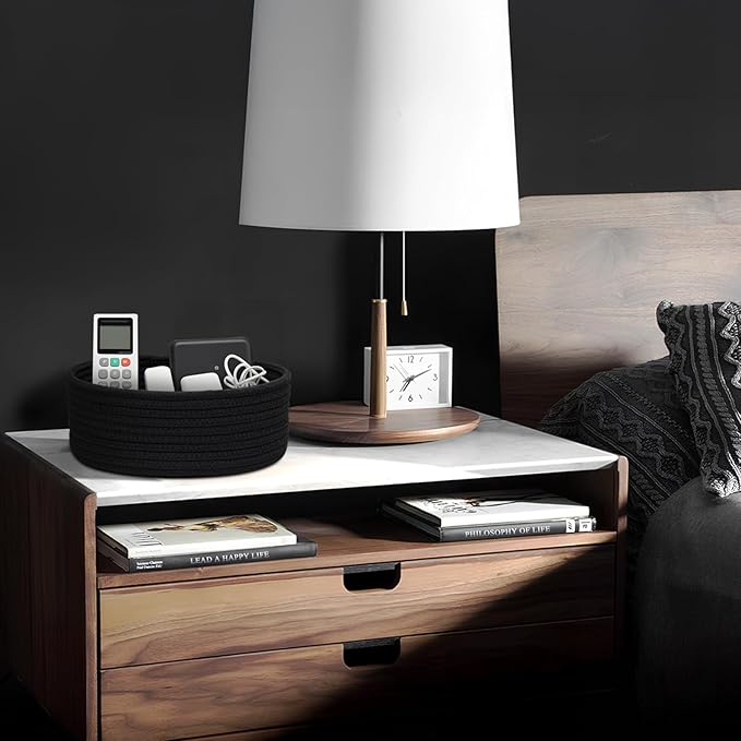 Small Shelf Storage Baskets for Organizing, 6 Pack Round Cotton Rope Bins, Decorative and Cute Woven Baskets for Bedroom and Closet, Key Tray Bowl, Home Decor Countertop Organizer (Black)