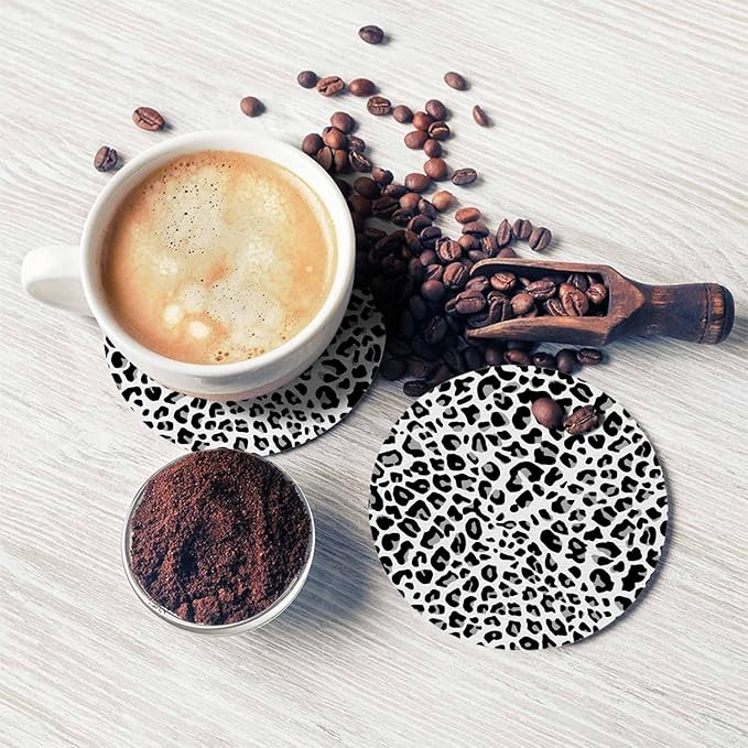Leopard Pattern in Black and White Tones Round Coaster for Home Coffee Table Fashion Animal Decor Farmhouse Drink Coasters 100% Diatomite 4''X 4''X 0.35'' Printed Pattern