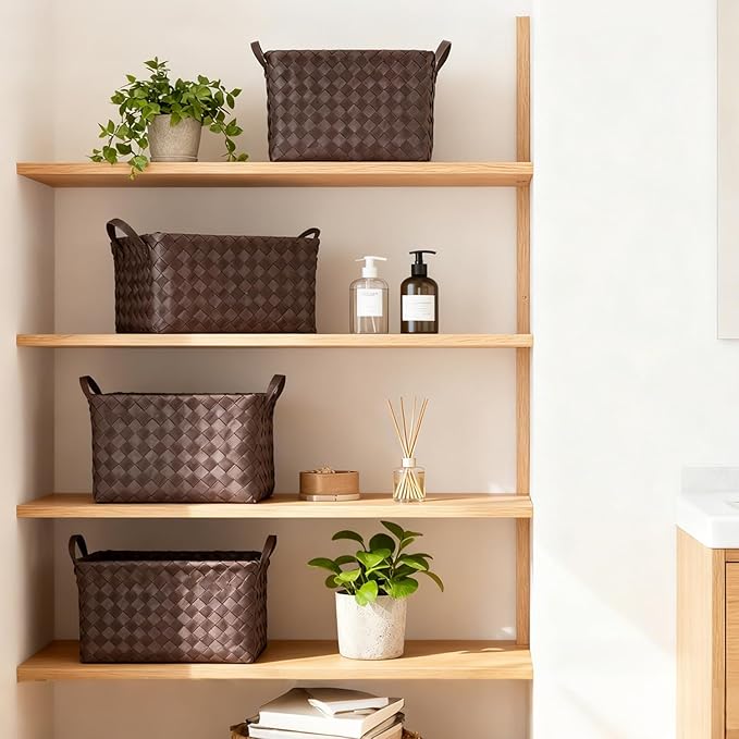 15L Laundry Baskets Waterproof Large Laundry Hamper Handmade Storage Baskets -set of 4 Collapsible Cube Organizers Woven Bins for Bathroom, Bedroom, Pantry, Shelves, Clothes and Towels-Coffee