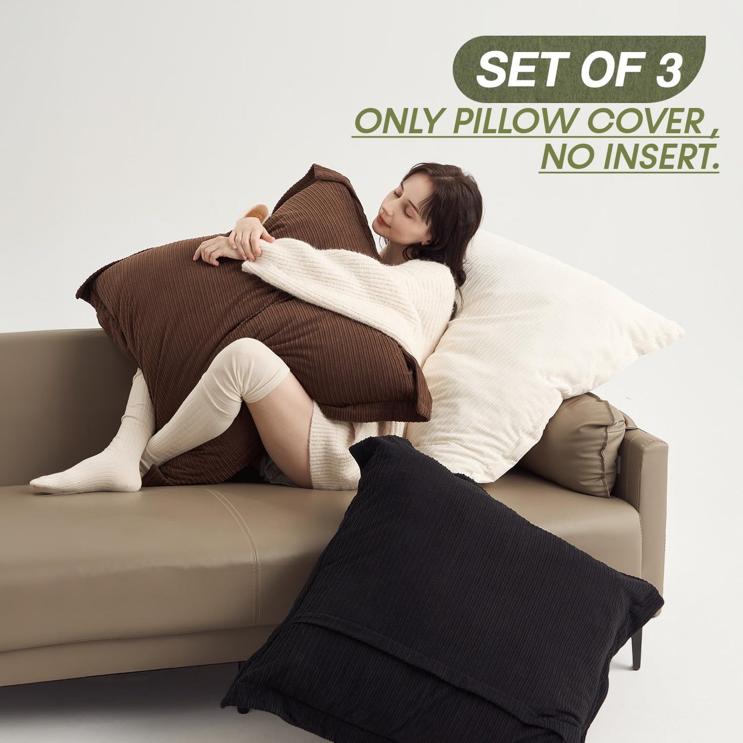 Corduroy Large Pillow Covers 26x26inch Set of 3, Decorative Super Soft-Touch Boho Vintage Cushion Cases for Couch, Sofa, Living Room, Bedroom, Office, Home Decor (Dark Brown, Black & White)