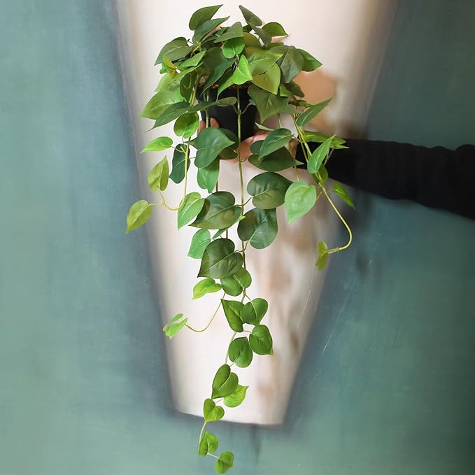 Fake Pothos Hanging Plants – Set of 2 Faux Ivy Vines with Pots, Realistic Silk Devil’s Ivy for Indoor Décor, Low Maintenance Artificial Greenery for Home or Office (Green)