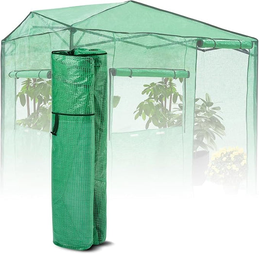 EAGLE PEAK Replacement Cover for 8x6 Portable Walk-in Pop up Greenhouse, Front Roll-Up Zipper Entry Door and 2 Large Roll-Up Side Windows (Frame Not Included), Green