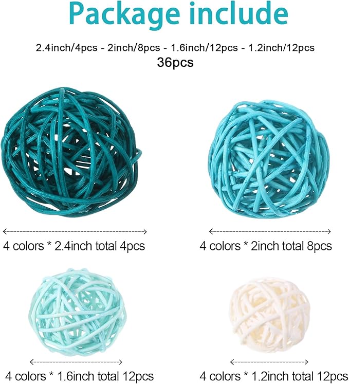 Patelai 36 Pcs Wicker Rattan Balls Decorative Balls for Vase Centerpiece Bowls Orbs Filler for Home Decor,4 Sizes(White, Light, Green, Dark)