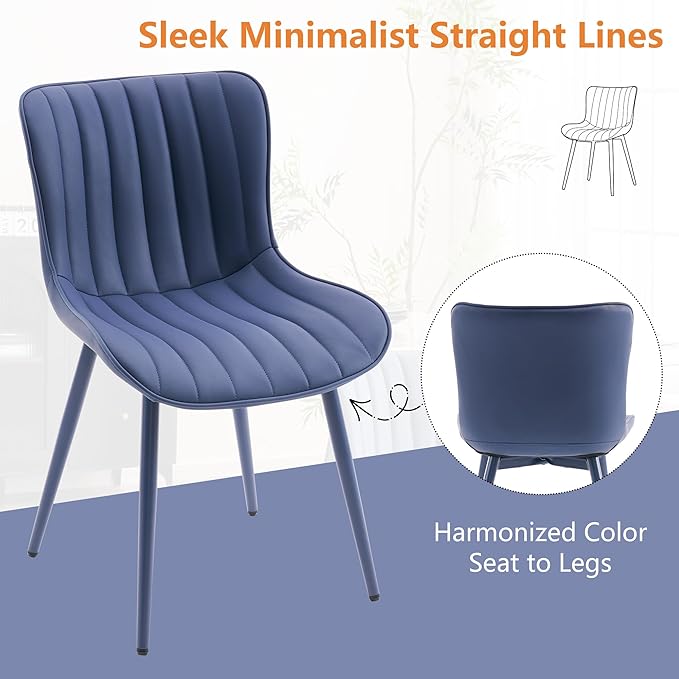 YOUNUOKE Mid-Century Modern Dining Chairs Set of 2, Navy Blue PU Leather Upholstered Kitchen Chairs with Navy Blue Metal Legs, Armless Accent Chair for Dining Room, Guest Reception Room
