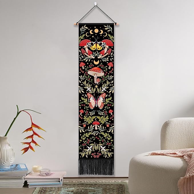Mystical Long Tapestry Vertical Wall Hanging Cute Botanical Mushroom Moth Butterfly Bohemian Tapestry for Bedroom Aesthetic Moon Phase Plant Wall Tapestries with Tassels Black Room Decor 13x51 Inches
