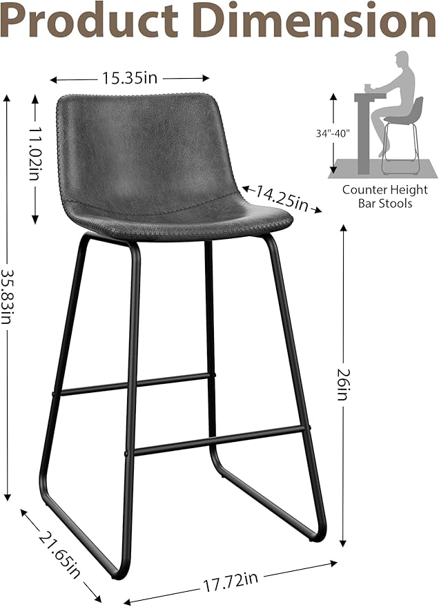 Bar Stools Set of 2, 26 Inches Counter Height Bar Stools with Back, Modern Faux Leather Barstools with Metal Legs and Footrest, Bar Chairs for Kitchens Island (Gray)