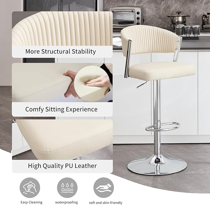 Bar Stools Set of 2, Adjustable Swivel Counter Height Bar Stools with Back and Footrest, PU Leather Bar Chairs for Kitchen Dining Room, White