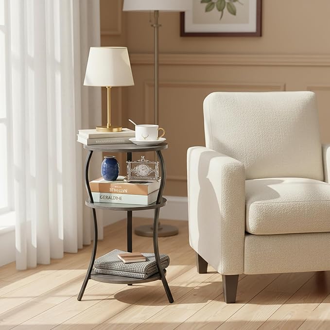 Vintage Small Round Side Table, 3-Tier Slim Waist Circular End Table with Storage Shelf, Compact Tea Sofa Side Table, Round Corner Coffee Table Nightstand for Living Room Bedroom Small Spaces,Grey