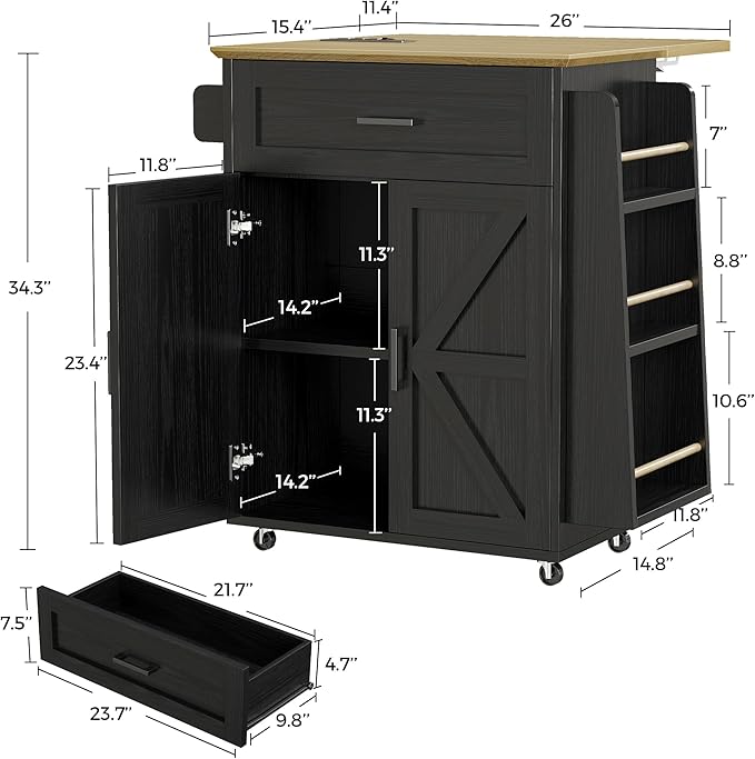 IRONCK Kitchen Island Cart with Storage, Rolling Kitchen Table with Power Outlet, Storage Cabinets on Wheels with Drop Leaf, Portable for Dining Room, Black