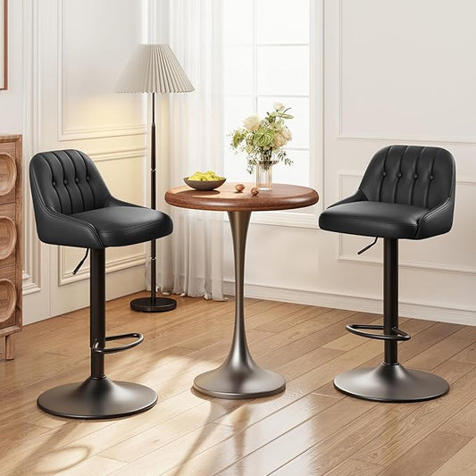 Bar Stools Set of 2, Swivel Bar Chairs, Modern Adjustable PU Leather Upholstered Barstools Counter Height with Tufted Back for Bar, Kitchen Counter Island, Dining Room, Black