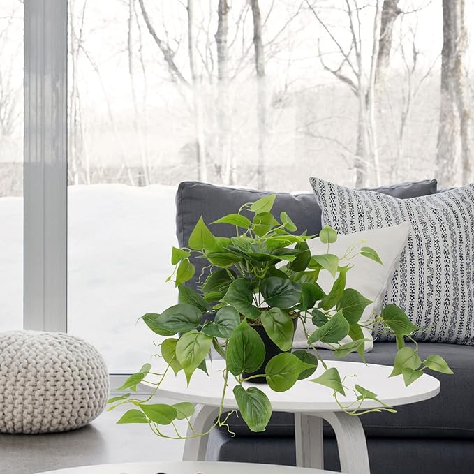 LOYWREE Faux Pothos Indoor Green Realistic Artificial Potted Plants Fake Plant Greenery for Home Office Garden Decoration - Black Pot