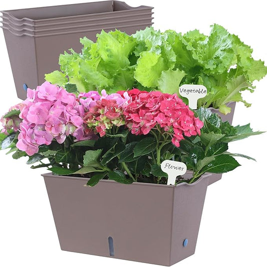 Window Box Planter 6 Pcs, 12.6 Inches Self Watering Rectangle Flower Plant Pots with Drainage Holes & Breathable Trays, Vegetable Planters for Windowsill Patio Garden Balcony Porch Yard (Khaki)