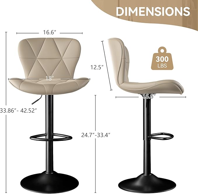 Bar Stools Set of 3,Adjustable Swivel Barstools, Faux Leather Bar Chairs,Upholstered Counter Height with High Backrest for Kitchen Island, Khaki