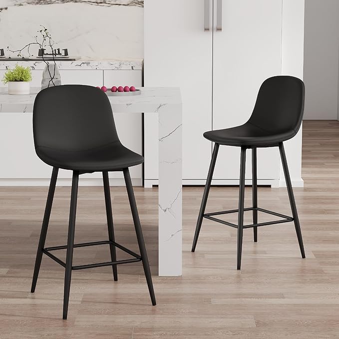 Black Barstools Set of 2, 24.6" Counter Height Bar Stools with Back & Metal Footrest, Modern Island Chairs Set of 2 for Kitchens Island Home Bar