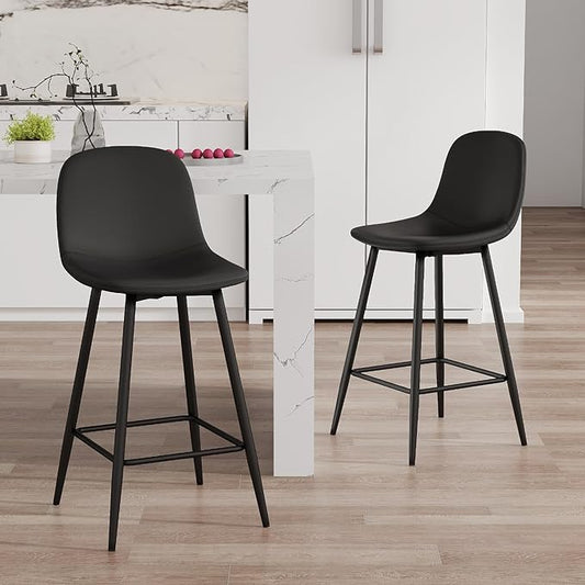 Black Barstools Set of 2, 24.6" Counter Height Bar Stools with Back & Metal Footrest, Modern Island Chairs Set of 2 for Kitchens Island Home Bar