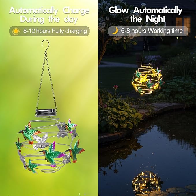 2 Pack Hummingbird Solar Lights Outdoor Hanging Lantern with Handle, Solar Powered Hummingbird Garden Decor for Outside Patio Yard Porch Pathway Butterfly Gifts for Women (Warm White LED Lights)