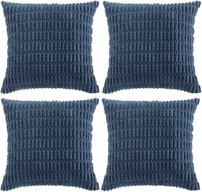 Fancy Homi 4 Packs Dusty Blue Decorative Throw Pillow Covers 26x26 Inch for Living Room Couch Bed Sofa, Rustic Farmhouse Boho Home Decor, Soft Plush Striped Corduroy Square Cushion Case 66x66 cm