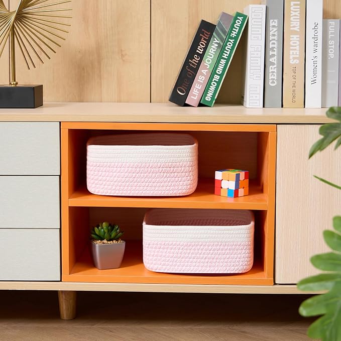 Small Square Shallow Baskets for Organizing, 9.7x9.7x4.3 Inch Rope Woven Storage Bins for Cubes Closet, Shelves Storage, Boho Decorative Basket, 2 Packs Off White Pink